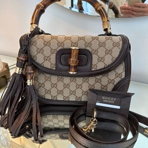 Gucci Bamboo 1947 Medium Original GG canvas w brown leather details & tassels